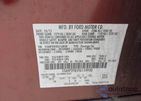 2015 Ford Taurus Limited z USA, uszkodzony, nr VIN 1FAHP2F85FG154930